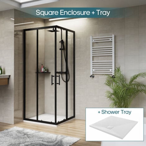 NRG Square Black Sliding Doors Corner Entry Shower Enclosure Bathroom Cubicle 900 x 900mm & White Shower Tray