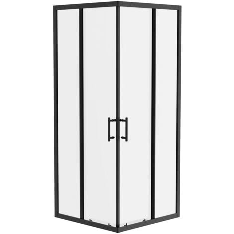 NRG Square Black Sliding Doors Corner Entry Shower Enclosure Bathroom Cubicle 900 x 900mm & White Shower Tray