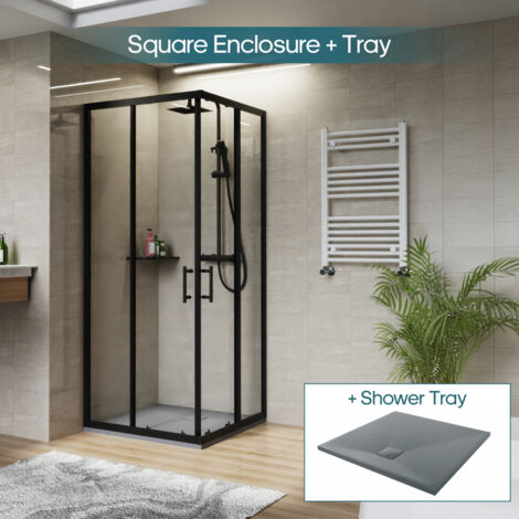 NRG Square Black Sliding Doors Corner Entry Shower Enclosure Bathroom Cubicle 900 x 900mm & Anthracite Shower Tray