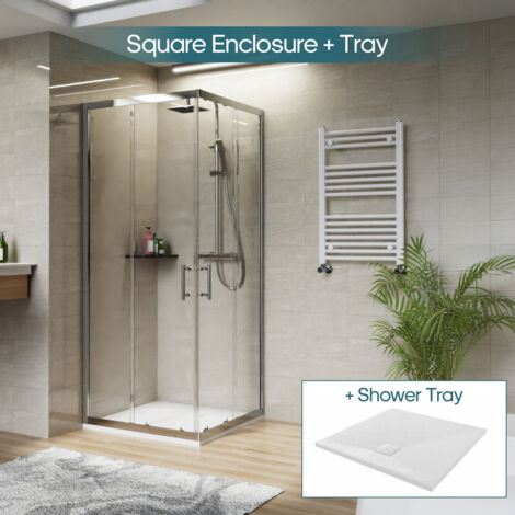 NRG Square Corner Entry Shower Enclosure with Sliding Doors Bathroom Cubicle 800 x 800mm & White Shower Tray (1/5)