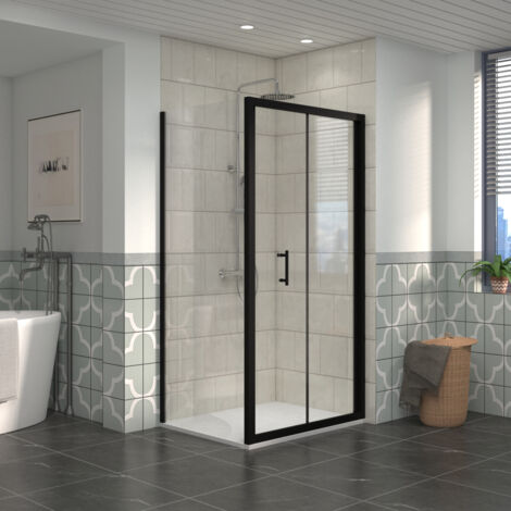 NRG Bathroom Bi- Fold Shower Door Black Framed + Side Panel, 1100 x 800mm Shower Enclosures with White SMC Rectangle Shower Tray