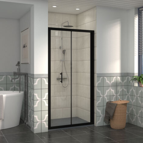 NRG 900mm Bathroom Bi- Fold Shower Door Black Framed with 900x900mm SMC Square Shower Tray Anthracite (1/5)