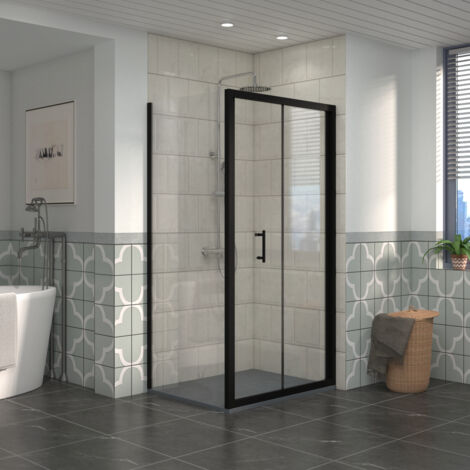 NRG Bathroom Bi- Fold Shower Door Black Framed + Side Panel, 1100 x 800mm Shower Enclosures with Anthracite SMC Rectangle Shower Tray (1/5)
