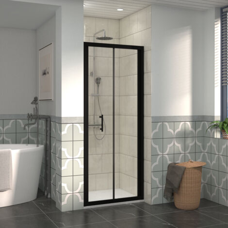 NRG 700mm Bathroom Bi- Fold Shower Door Black Framed with 900x700mm SMC Rectangle Shower Tray White