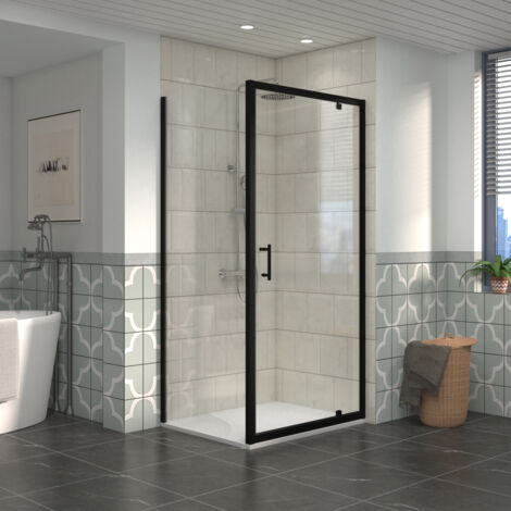 NRG Bathroom Pivot Shower Enclosure Black Framed + Side Panel, 1000 x 1000mm Reversible Screen with White SMC Square Shower Tray