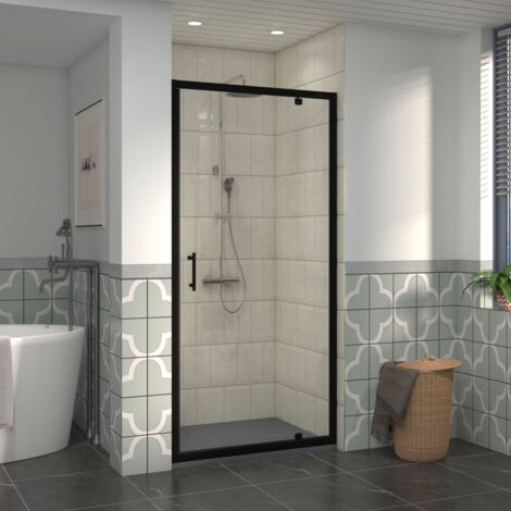 NRG 900mm Black Framed Bathroom Shower Enclosures Pivot Door with 900x900mm SMC Square Shower Tray Anthracite