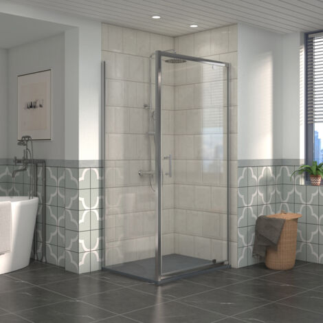 NRG Bathroom Pivot Shower Enclosure Chrome Framed + Side Panel, 900 x 800mm Reversible Screen with Anthracite SMC Rectangle Shower Tray