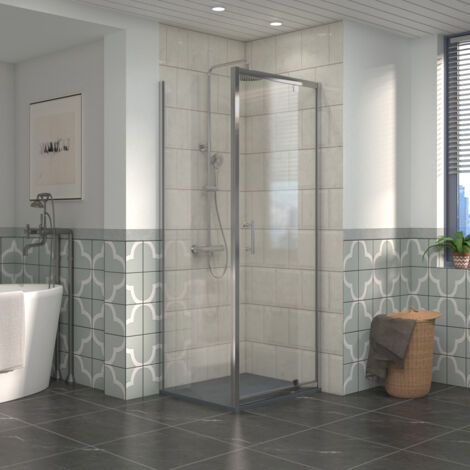 NRG Bathroom Pivot Shower Enclosure Chrome Framed + Side Panel, 700 x 900mm Reversible Screen with Anthracite SMC Rectangle Shower Tray