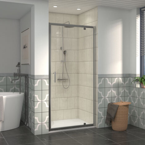 NRG 900mm Bathroom Shower Enclosures Pivot Door Chrome Framed with 900x900mm SMC Square Shower Tray White (1/5)