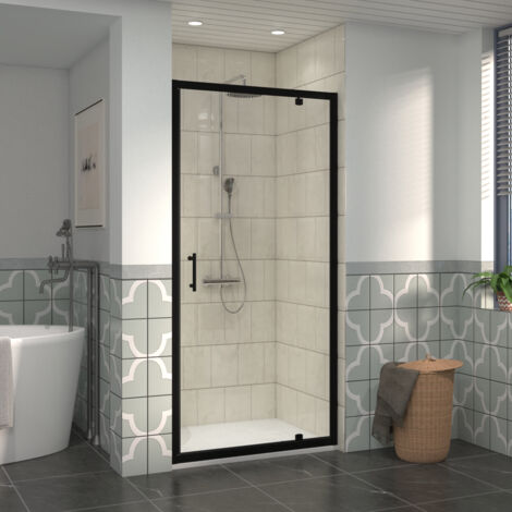 NRG 900mm Black Framed Bathroom Shower Enclosures Pivot Door with 900x900mm SMC Square Shower Tray White (1/5)