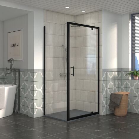 NRG Bathroom Pivot Shower Enclosure Black Framed + Side Panel, 1000 x 1000mm Reversible Screen with Anthracite SMC Square Shower Tray