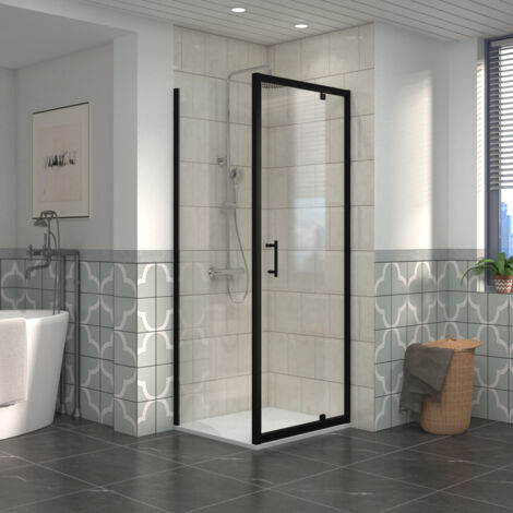 NRG Bathroom Pivot Shower Enclosure Black Framed + Side Panel, 700 x 800mm Reversible Screen with White SMC Rectangle Shower Tray