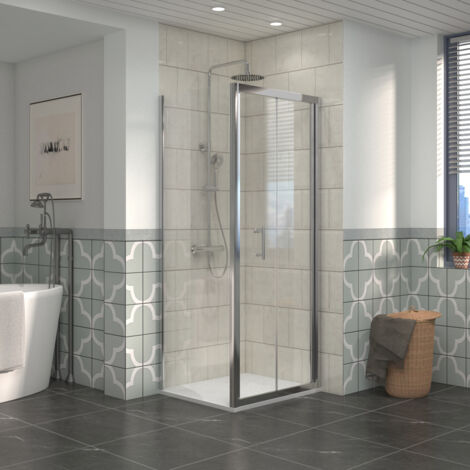 NRG Bathroom Bi- Fold Shower Door Chrome Framed + Side Panel, 800 x 700mm Shower Enclosures with White SMC Rectangle Shower Tray (1/5)