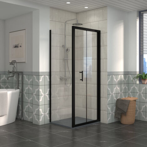 NRG Bathroom Bi- Fold Shower Door Black Framed + Side Panel, 700 x 800mm Shower Enclosures with Anthracite SMC Rectangle Shower Tray