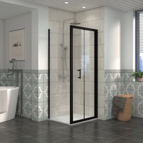 NRG Bathroom Bi- Fold Shower Door Black Framed + Side Panel, 700 x 700mm Shower Enclosures with White SMC Square Shower Tray