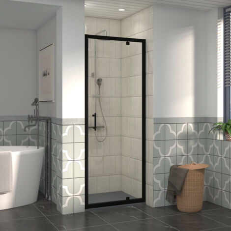 NRG 700mm Black Framed Bathroom Shower Enclosures Pivot Door with 1100x700mm SMC Rectangle Shower Tray Anthracite