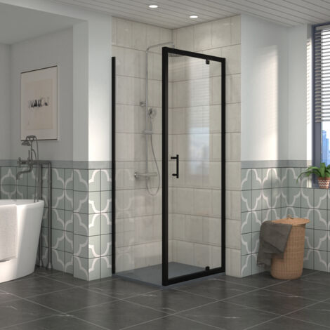 NRG Bathroom Pivot Shower Enclosure Black Framed + Side Panel, 700 x 800mm Reversible Screen with Anthracite SMC Rectangle Shower Tray