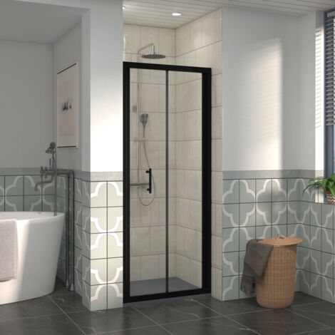 NRG 700mm Bathroom Bi- Fold Shower Door Black Framed with 1100x700mm SMC Rectangle Shower Tray Anthracite (1/5)