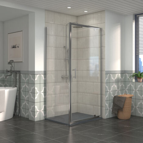 NRG Bathroom Pivot Shower Enclosure Chrome Framed + Side Panel, 1000 x 700mm Reversible Screen with Anthracite SMC Rectangle Shower Tray
