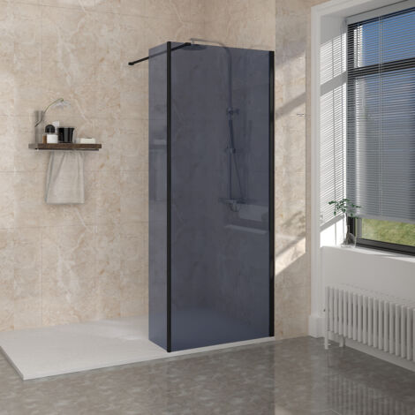 NRG Matt Black 8mm Walk In Shower Enclosure Wet Room Grey Glass Screen 700mm with 300mm Return Panel (1/5)