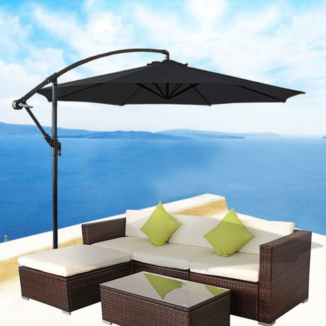 Greenbay 3m Garden Banana Parasol Patio Sun Shade Shelter Crank Hanging Rattan Cantilever Umbrella Black