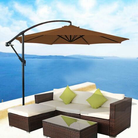 Greenbay 3m Garden Banana Parasol Patio Sun Shade Shelter Crank Hanging Rattan Cantilever Umbrella Coffee
