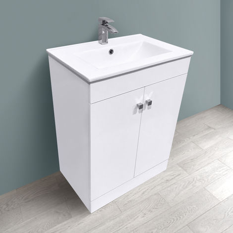 600mm 2 Door Gloss White Wash Basin Cabinet Floor Standing Vanity Sink ...