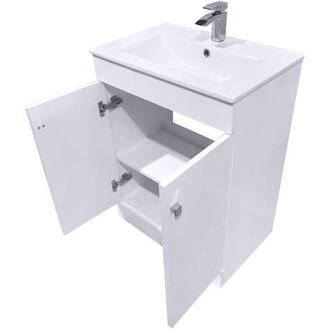 600mm 2 Door Gloss White Wash Basin Cabinet Floor Standing Vanity Sink Unit Bathroom Furniture