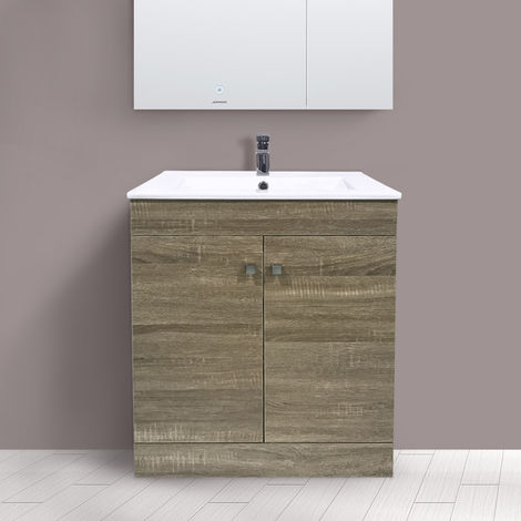600mm 2 Door Grey Oak Effect Wash Basin Cabinet Floor Standing Vanity Sink Unit Bathroom Furniture