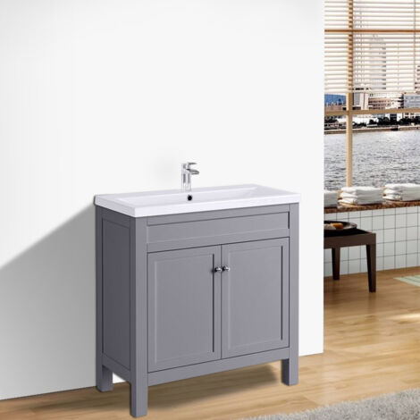 Traditional Bathroom Vanity Sink Unit Cabinet Basin Floor Standing Storage Furniture 800mm Grey