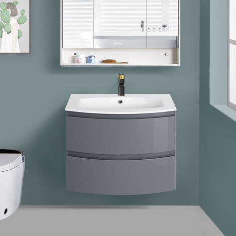 Gloss Grey Bathroom Curved Vanity Basin, Curved Wall Bathroom Vanity Units