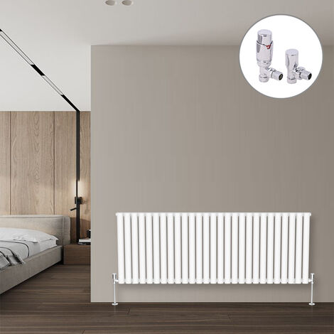 Oval Column Designer Radiator White + Chrome Angled TRV Thermostatic Radiator Valves Horizontal 600x1593mm Single Panel (1/3)