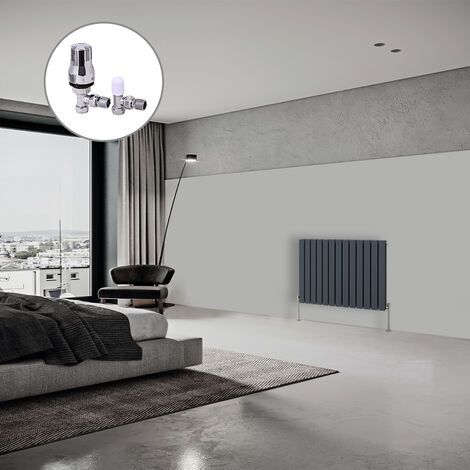 Flat Panel Designer Radiator Anthracite + Chrome Angled TRV Thermostatic Radiator Valves Horizontal 600x884mm Double (1/3)