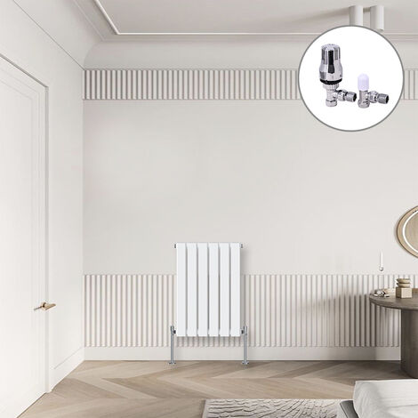 Flat Panel Designer Radiator White + Chrome Angled TRV Thermostatic Radiator Valves Horizontal 600x408mm Single