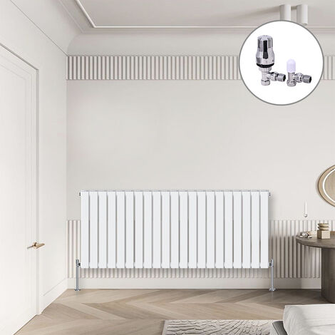 Flat Panel Designer Radiator White + Chrome Angled TRV Thermostatic Radiator Valves Horizontal 600x1428mm Double