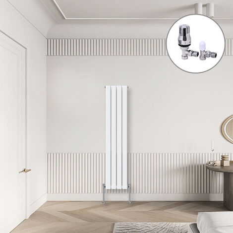 Flat Panel Designer Radiator White + Chrome Angled TRV Thermostatic Radiator Valves Vertical 1600x272mm Single