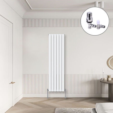 Flat Panel Designer Radiator White + Chrome Angled TRV Thermostatic Radiator Valves Vertical 1800x408mm Single (1/3)