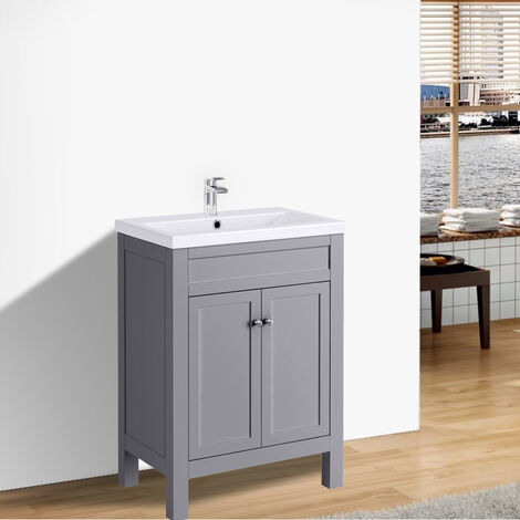 Traditional Bathroom Vanity Sink Unit Cabinet Basin Floor Standing Storage Furniture 600mm Grey