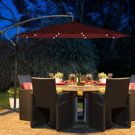 3M LED Outdoor Garden Hanging Parasol Sun Shade Banana Umbrella Cantilever Wine Red