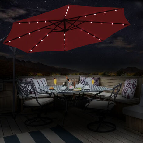 3M Patio Hanging LED Parasol Garden Sun Shade Banana Umbrella Cantilever Wine Red