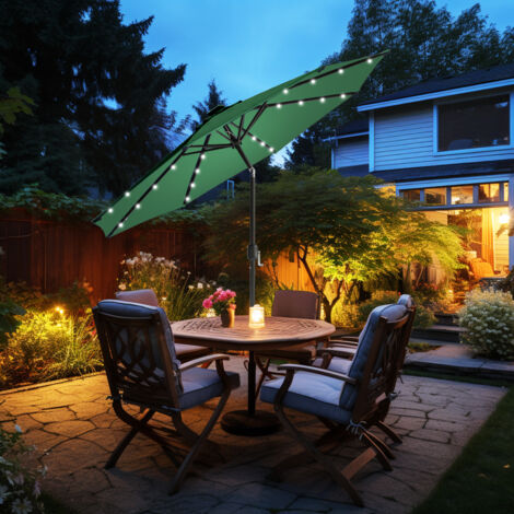 Patio Garden Parasol LED Lights Sun Shade Round Umbrella with Crank Tilt 2.7M Green