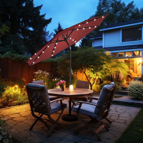 Patio Garden Parasol LED Lights Sun Shade Round Umbrella with Crank Tilt 2.7M Wine Red