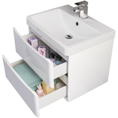 Bathroom Vanity Unit Basin Sink Wall Hung 2 Drawers Storage Cabinet 600mm Gloss White
