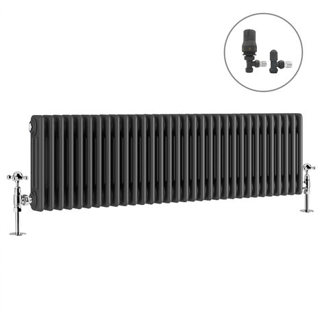 Traditional Radiator Anthracite Cast Iron Style Rads with Angled Thermostatic Valves Horizontal 3 Column 300x1462mm