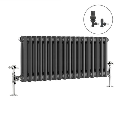 Traditional Radiator Anthracite Cast Iron Style Rads with Angled Thermostatic Valves Horizontal 2 Column 300x830mm