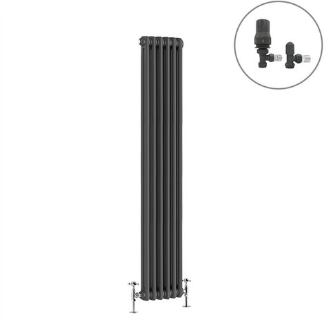 Traditional Radiator Anthracite Cast Iron Style Rads with Angled Thermostatic Valves Vertical 2 Column 1800x290mm