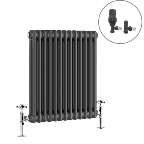 Traditional Radiator Anthracite Cast Iron Style Rads with Angled Thermostatic Valves Horizontal 2 Column 600x605mm