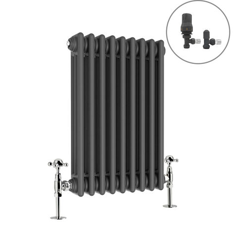 Traditional Radiator Anthracite Cast Iron Style Rads with Angled Thermostatic Valves Horizontal 3 Column 600x427mm