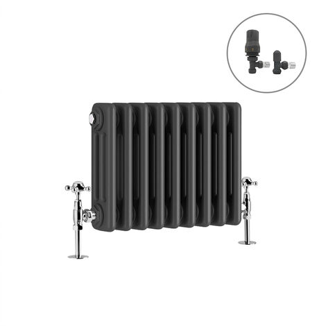 Traditional Radiator Anthracite Cast Iron Style Rads with Angled Thermostatic Valves Horizontal 3 Column 300x427mm