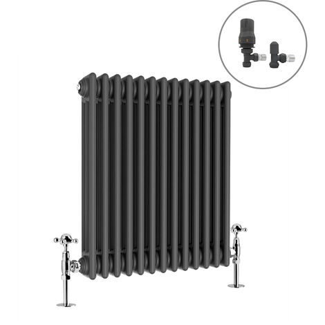 Traditional Radiator Anthracite Cast Iron Style Rads with Angled Thermostatic Valves Horizontal 3 Column 600x607mm